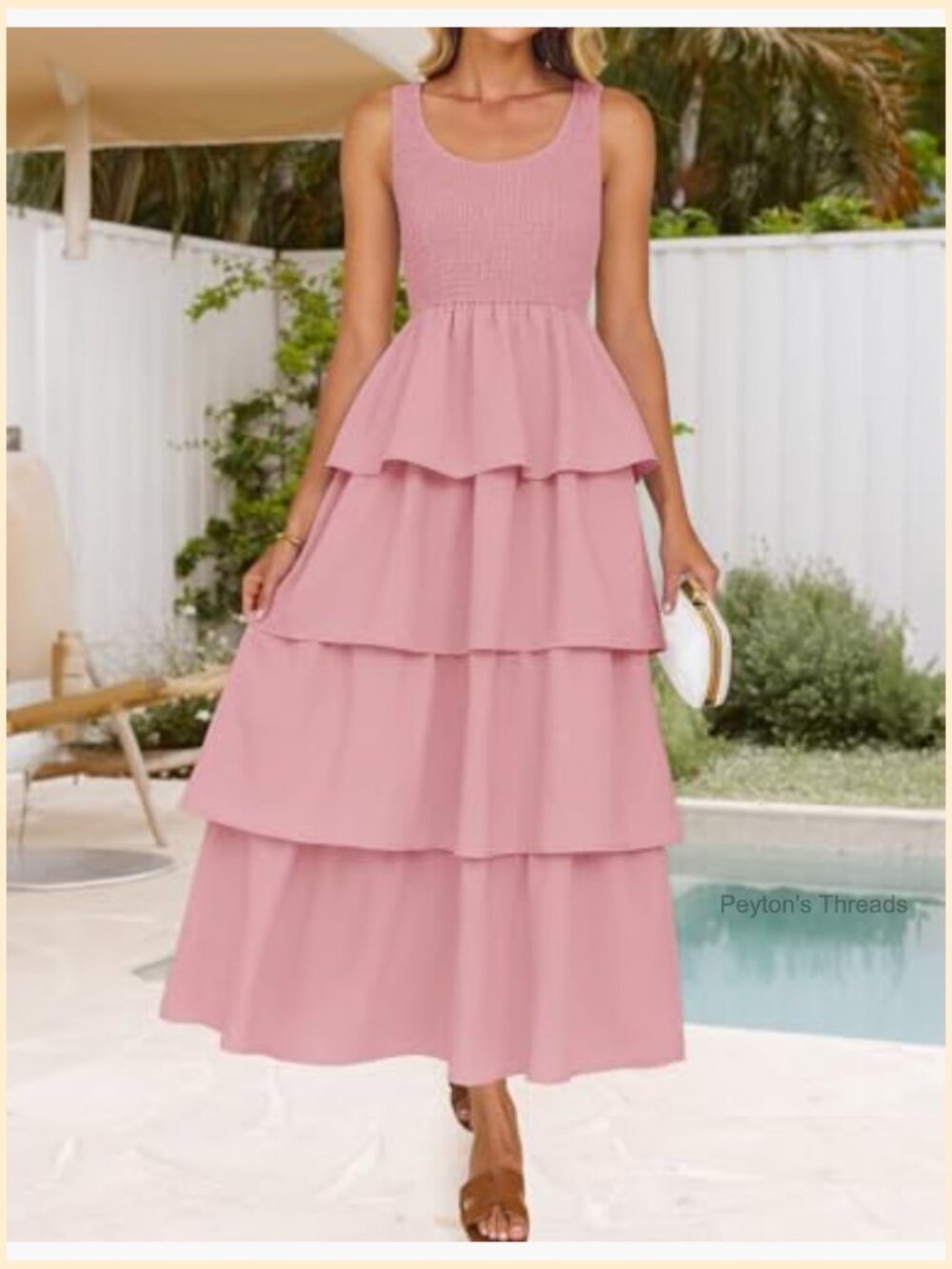 Sleeveless Midi Dress Scoop Neck Ruffle Tiered Swing Beach Vacation Dress - Picture 4 of 7